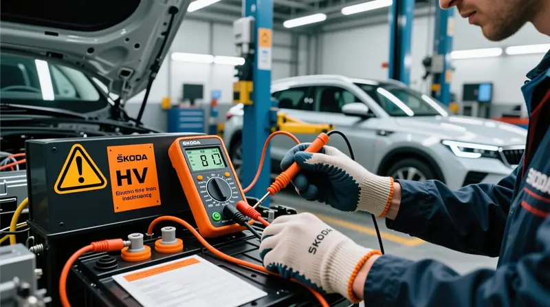 Sertificēts tehniķis veic Škoda Enyaq iV augstsprieguma izolācijas pretestības testēšanu ar IMD diagnostikas iekārtu