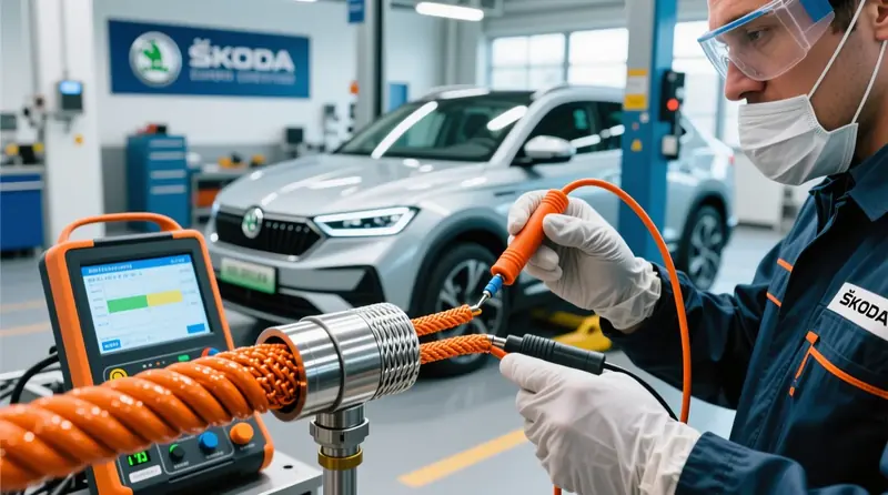 EMI ekranēšanas integritātes testēšana Škoda Enyaq iV augstsprieguma kabeļu savienojumos ar profesionālu diagnostikas aprīkojumu