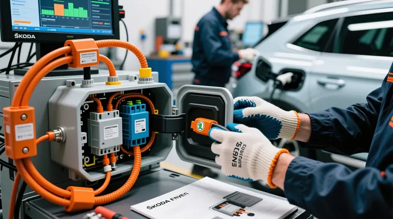 Škoda Enyaq iV augstsprieguma sistēmas kontaktoru pārbaude ar drošības aprīkojumu un diagnostikas iekārtām