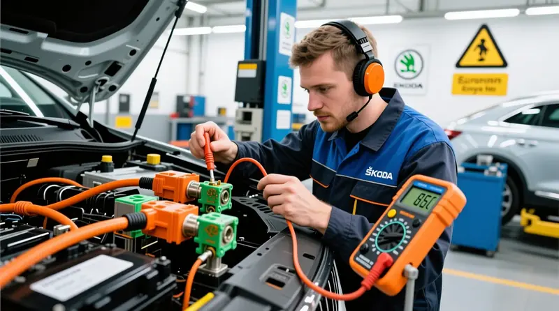 Škoda Enyaq iV augstsprieguma kontaktu pretestības mērīšana ar multimetru profesionālā EV servisā