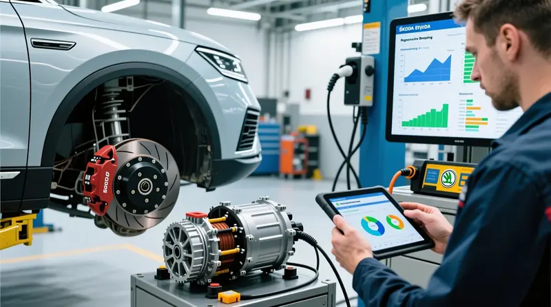 Škoda Enyaq iV elektroauto regeneratīvās bremzēšanas sistēmas efektivitātes testēšana un bremžu sensoru diagnostika servisā