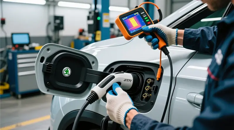 Škoda Enyaq iV elektromobiļa uzlādes porta termiskā diagnostika ar profesionāliem instrumentiem kontaktu temperatūras mērīšanai