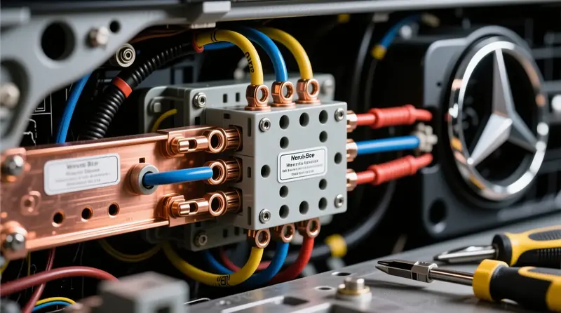 Strāvas sliedes un sadales bloki pareizi uzstādīti Eiropas automašīnas elektrosistēmā ar profesionāliem savienojumiem un kabeļu organizāciju