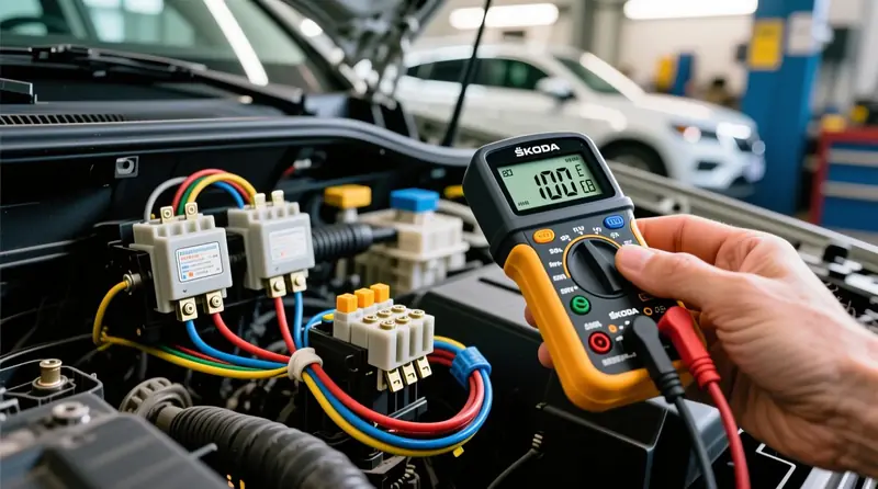 Strāvas mērīšana ar spailu mērītāju Škoda elektrosistēmā - drošinātāju ķēdes diagnostika