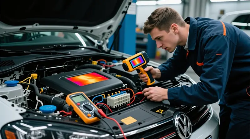 Termokameras izmantošana auto elektrosistēmas pārkaršanas punktu diagnostikai Volkswagen drošinātāju blokā un elektroinstalācijā