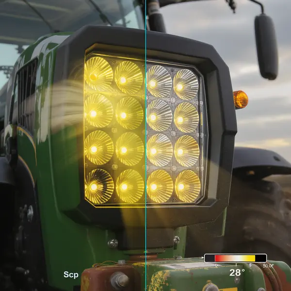 Traktora LED darba lukturi ar dažādām krāsu temperatūrām lauksaimniecības darbos un to ietekme uz operators