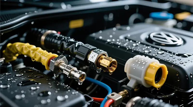 Trīs ūdensnecaurlaidīgu auto elektrisko savienojumu veidi: lodēts savienojums ar termoruku, krimpēts savienojums un Deutsch hermētiskais savienotājs Volkswagen dzinēja nodalījumā