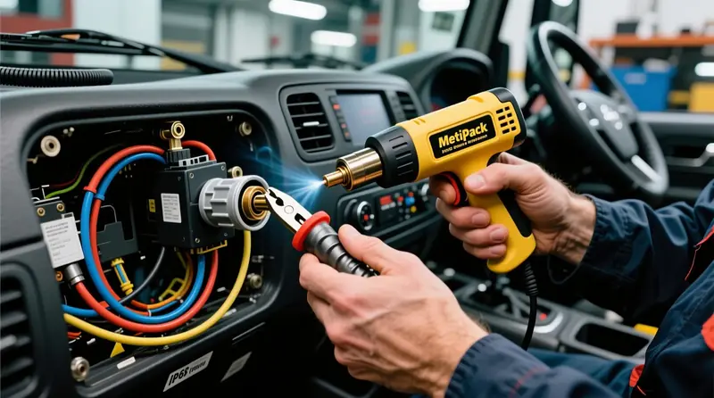 Profesionāla ūdensnecaurlaidīgu krimp splice savienojumu uzstādīšana ar heat shrink aizsardzību Eiropas kravas automašīnā