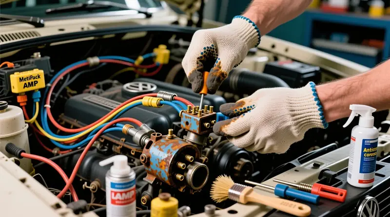 Vecas auto elektroinstalācijas savienojumu korozijas attīrīšana un kontaktu atjaunošana Volkswagen transportlīdzeklī ar Deutsch un Metri-Pack savienotājiem