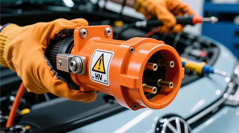 Volkswagen ID.4 augstsprieguma savienotājs ar HV drošības marķējumu un interlock sistēmu elektromobiļa diagnostikai