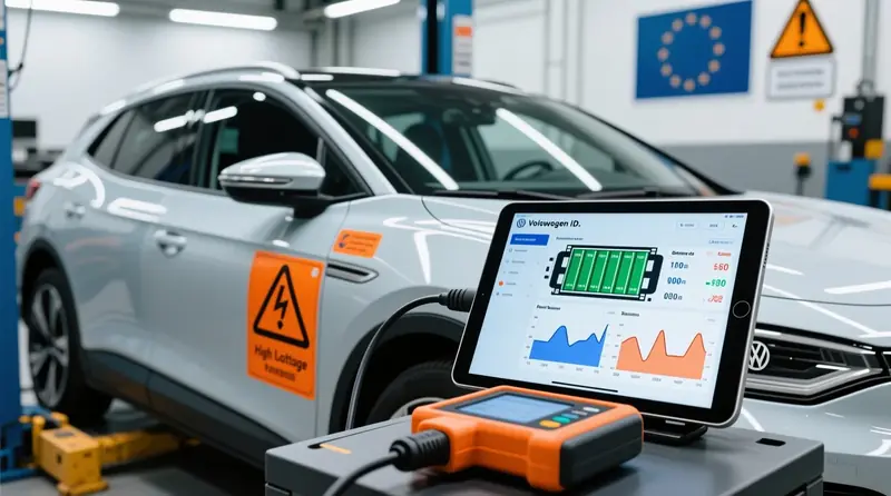 Volkswagen ID.4 elektromobīļa augstsprieguma baterijas diagnostika ar OBD skeneri - šūnu sprieguma analīze un BMS datu nolasīšana