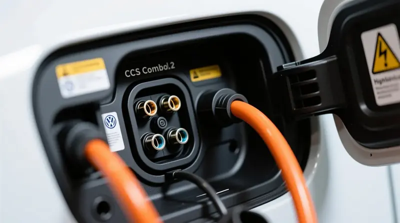 Volkswagen ID.4 elektromobiļa CCS uzlādes porta detalizēts skats ar redzamiem kontaktiem diagnostikai un regulārai apkopei