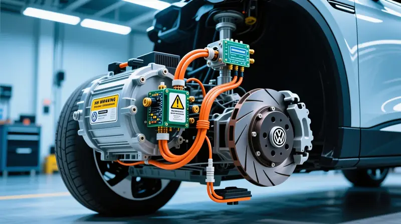 Volkswagen ID.4 elektromobiļa regeneratīvās bremzēšanas sistēmas komponenti ar enerģijas atgūšanas sensoru pārbaudi un diagnostiku