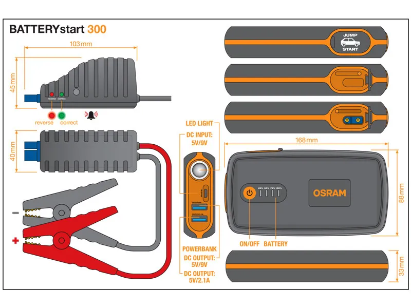 Osram Litija starteris - būsteris, 12V transportlīdzekļiem, 300A-1500A, Akumulators: LiCo2 13000 mAh. Uzlāde: mikro-USB 3 stundas - Attēls 2