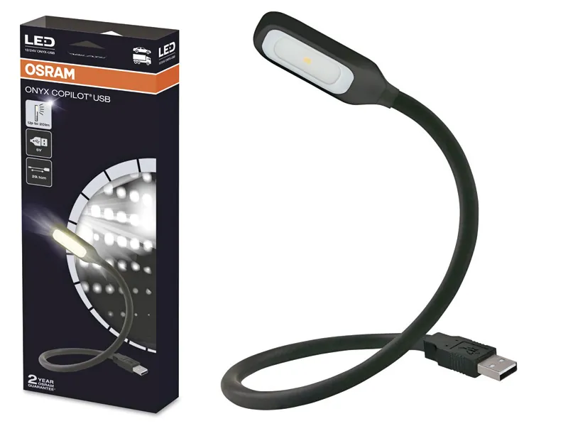 OSRAM LED lasīšanas lampa Onyx Copilot - 20lm, USB 5V, silikona, IP20 ar pielāgojamu kakliņu