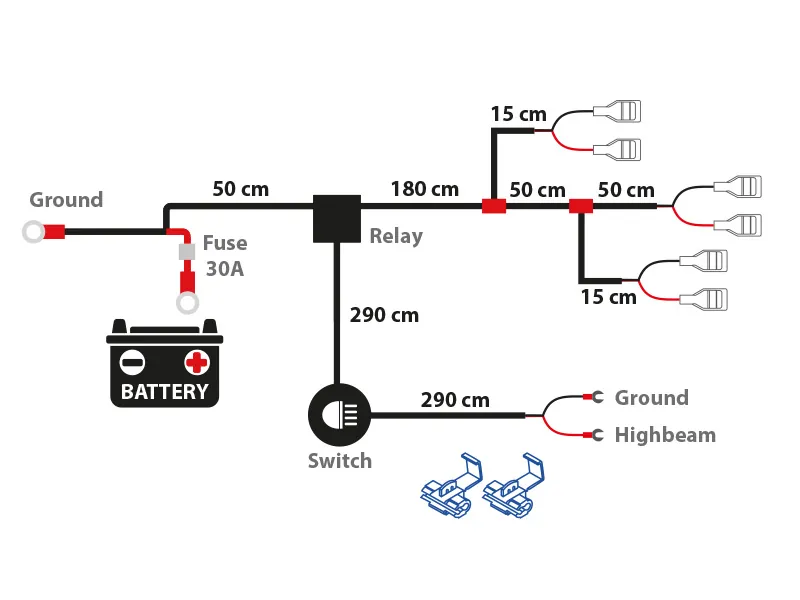 Profesionāls Vadu Komplekts 3 Lukturiem - 300W, 12V ar 30A Drošinātāju un 40A Releju