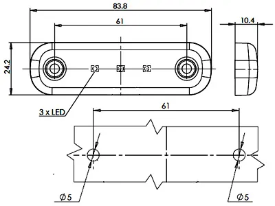 Sarkans LED Sānu Gabarītu Lukturis 3 Diodes 12-24V Virsmas Montāžai E-Approved - Attēls 2
