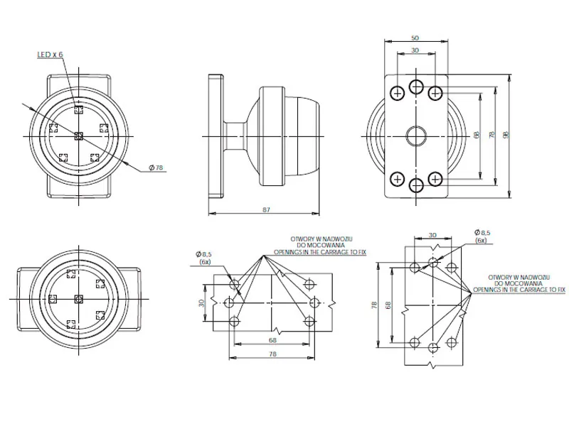 WAS LED Sarkans Sānu Gabarītu Lukturis, 12/24V, IP66/68 aizsardzība, ø78mm - Attēls 2