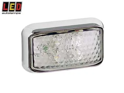 LED AUTOLAMPS Baltais LED sānu gabarītu lukturis ar hromētu stiprinājumu, 12-24V, ECE/EMC sertificēts