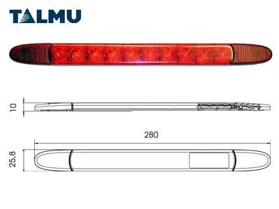 TALMU LED Bremžu Lukturis ar Sarkanu Lēcu un 10 LED - 12V, 3m vads, 280mm
